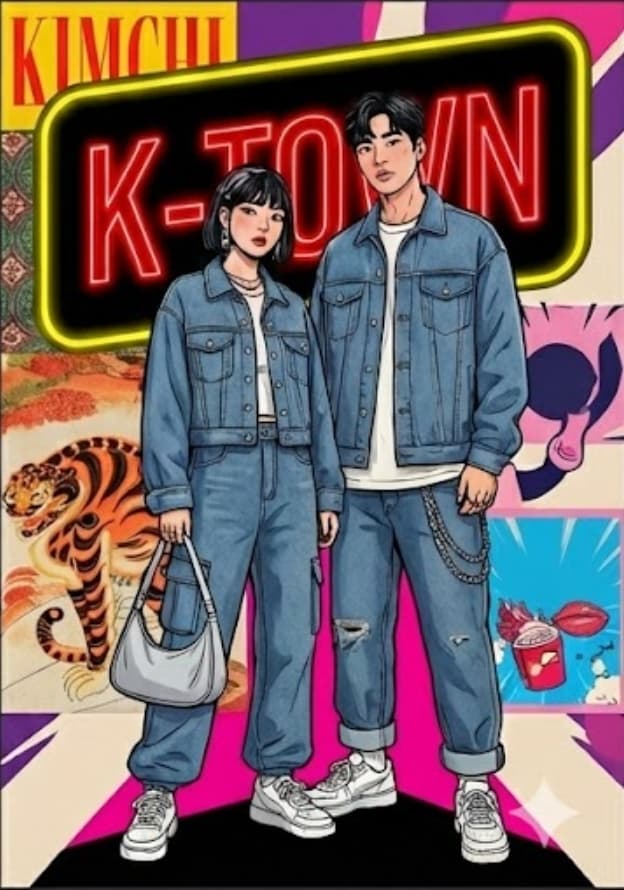 Denim couple standing under K-Town neon with tiger artwork behind