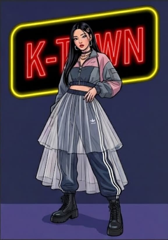 K-style girl in mesh skirt and boots in front of K-Town neon