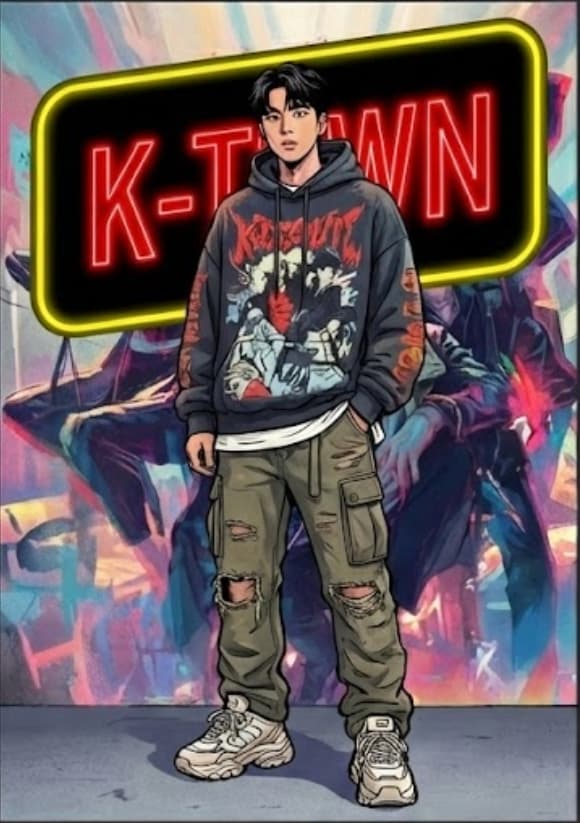 Streetwear character in hoodie standing in front of a neon K-Town sign