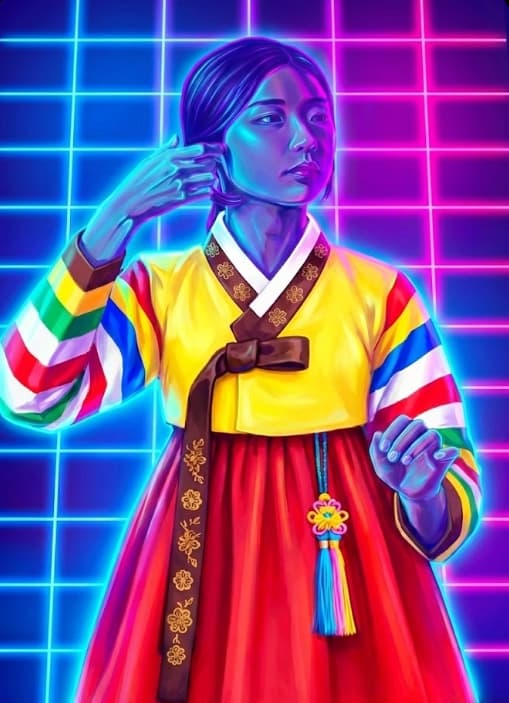 Neon-lit hanbok illustration that inspires K-Town's style